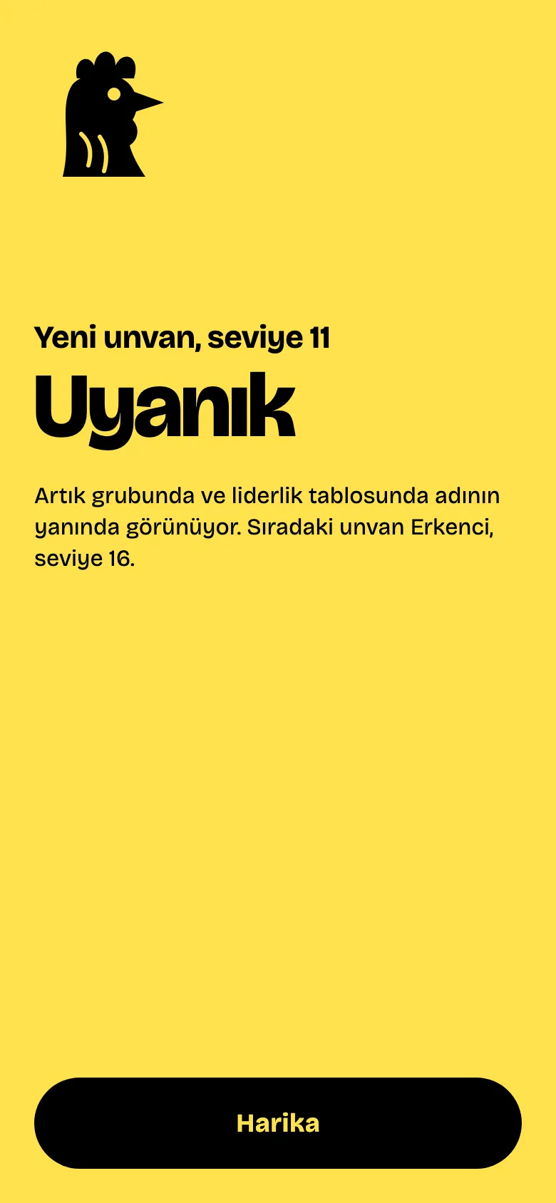 Seviye 11'de yeni Uyanık unvanını duyuran seviye atlama ekranı.